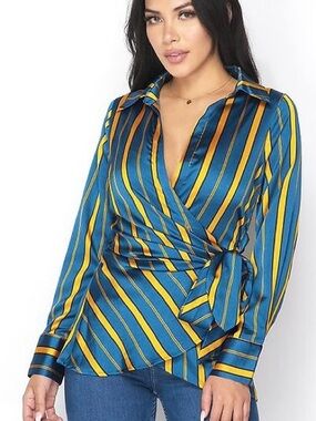 Satin Wrap Blouse with Self Tie Multi-Strip Collared Long Sleeve lightweight